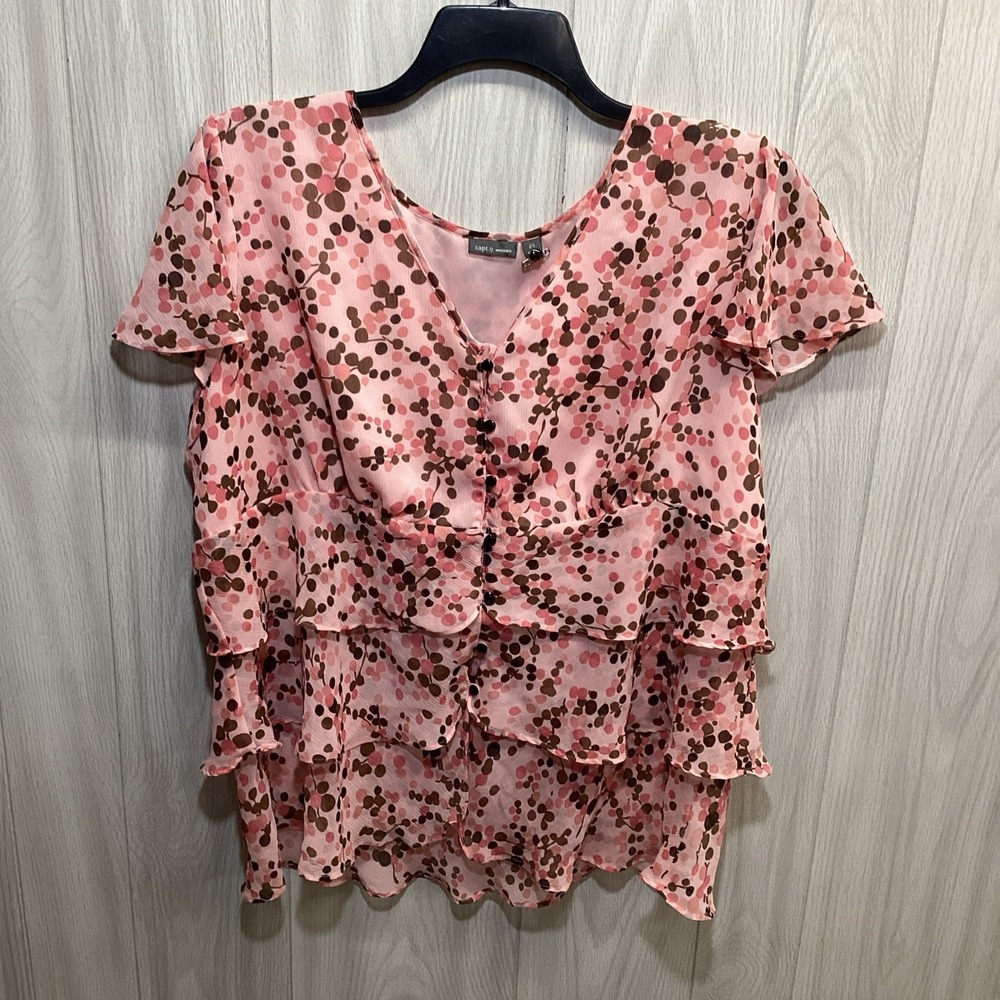 APT 9 Women's (Size 2X) Short Sleeve V-Neck Lined Shirt Ruffle Accent‎